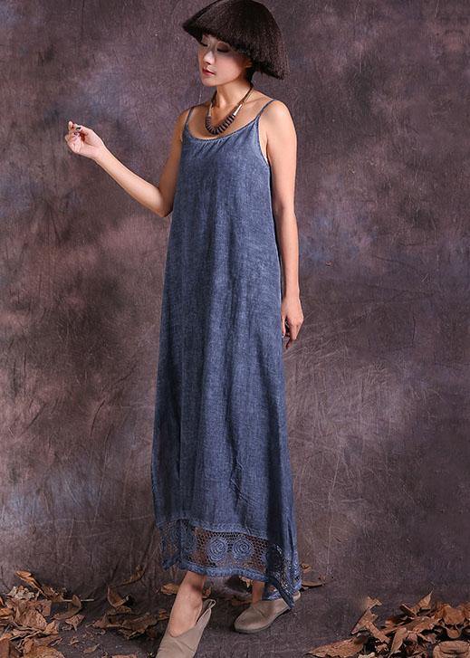 Modern Hollow Out Hem Linen Clothes for Ideas Blue Side Open Dress Summer