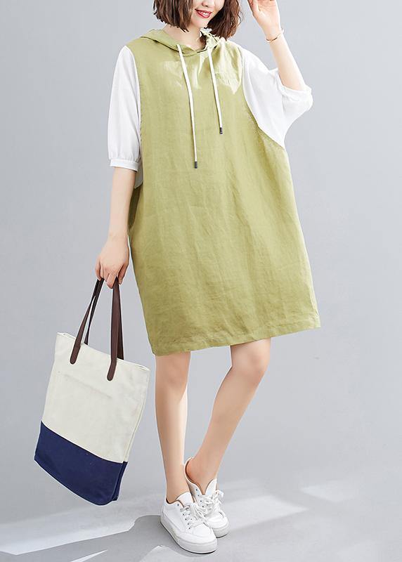 Modern Hooded Batwing Sleeve Linen Cotton Dress Sleeve Green Dresses