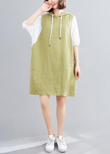 Modern Hooded Batwing Sleeve Linen Cotton Dress Sleeve Green Dresses