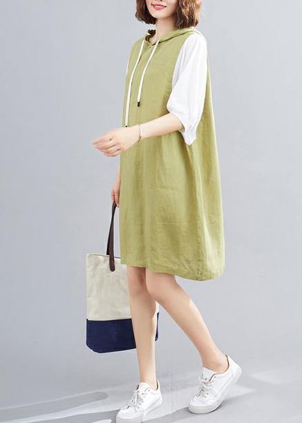 Modern Hooded Batwing Sleeve Linen Cotton Dress Sleeve Green Dresses