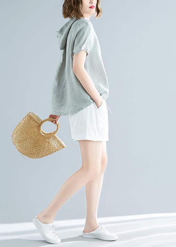 Modern Hooded Linen Shirts Fitted Sewing Light Green Dresses Top Summer