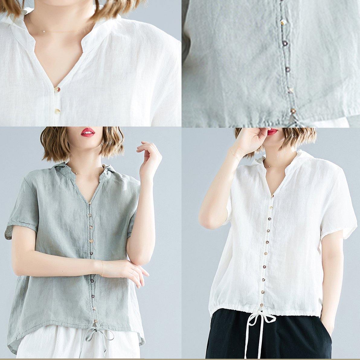 Modern Hooded Linen Shirts Fitted Sewing Light Green Dresses Top Summer