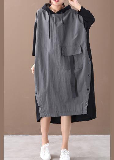 Modern Hooded Patchwork Spring Dress Work Gray Maxi Dresses