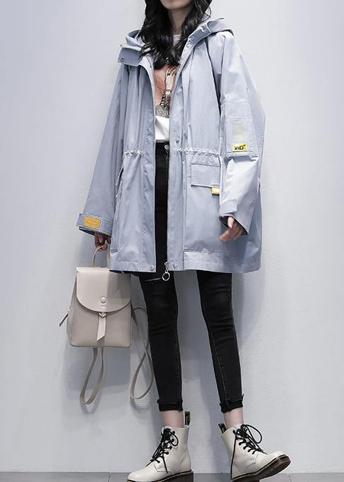 Modern Hooded Cinched Trench Coat Gray Blue Coats