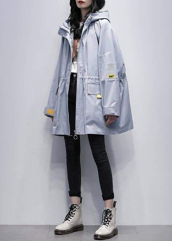 Modern Hooded Cinched Trench Coat Gray Blue Coats