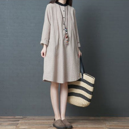 Modern Khaki Striped Linen Clothes Stylish Sleeve Stand Collar Loose Spring Dress