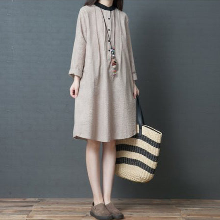 Modern Khaki Striped Linen Clothes Stylish Sleeve Stand Collar Loose Spring Dress