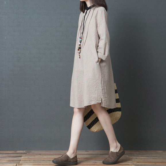 Modern Khaki Striped Linen Clothes Stylish Sleeve Stand Collar Loose Spring Dress