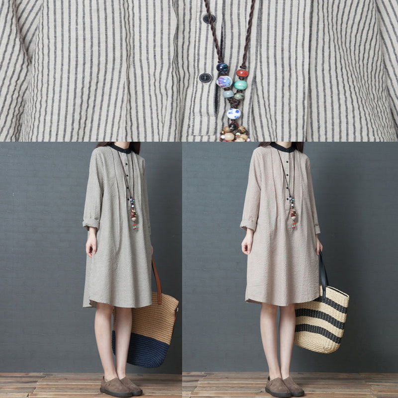 Modern Khaki Striped Linen Clothes Stylish Sleeve Stand Collar Loose Spring Dress