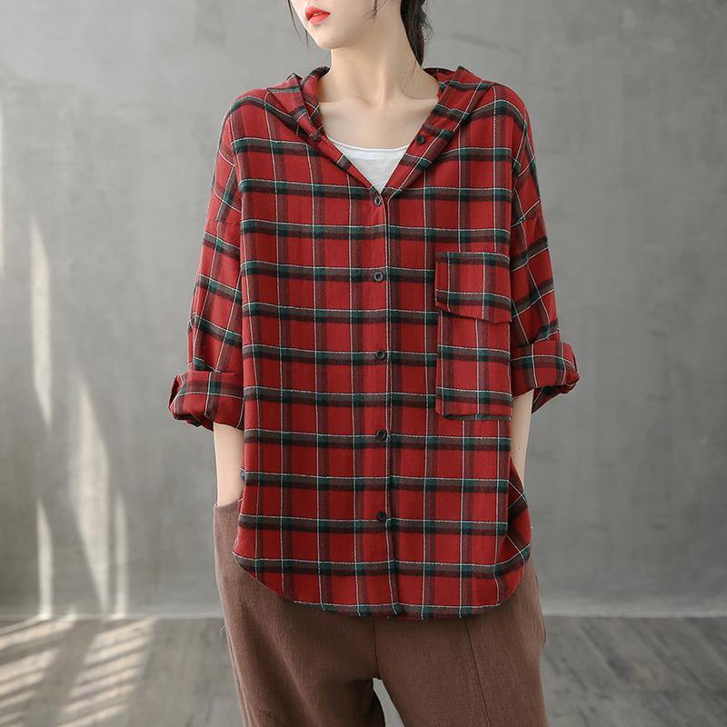Modern Lapel Button Down Fall Tunic Christmas Gifts Red Plaid Shirt