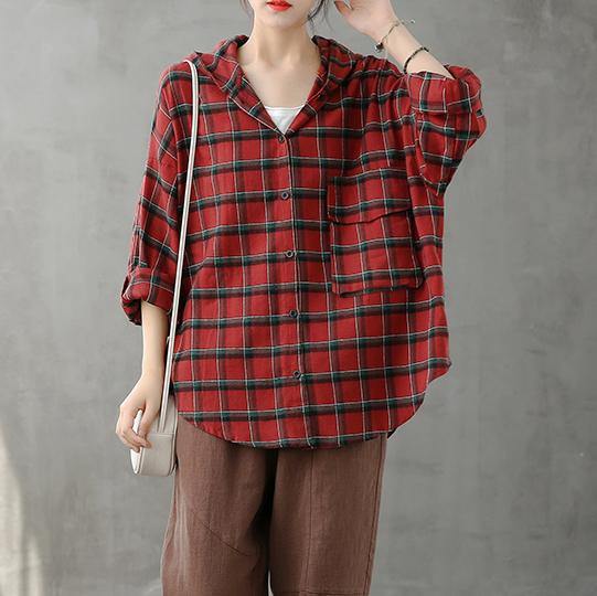 Modern Lapel Button Down Fall Tunic Christmas Gifts Red Plaid Shirt
