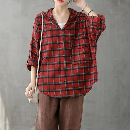 Modern Lapel Button Down Fall Tunic Christmas Gifts Red Plaid Shirt