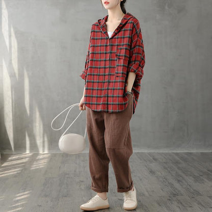 Modern Lapel Button Down Fall Tunic Christmas Gifts Red Plaid Shirt