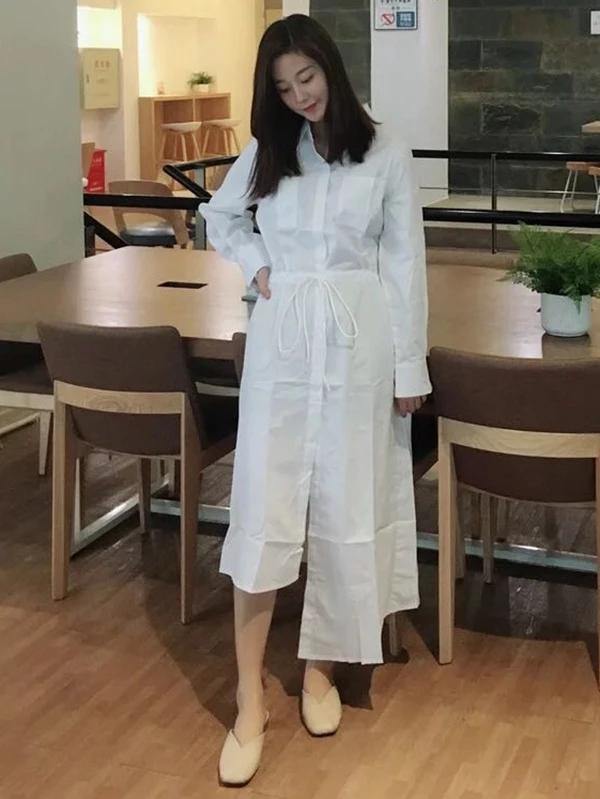 Modern Lapel Asymmetric Cotton Tunic Pattern White Long Shirt Dresses