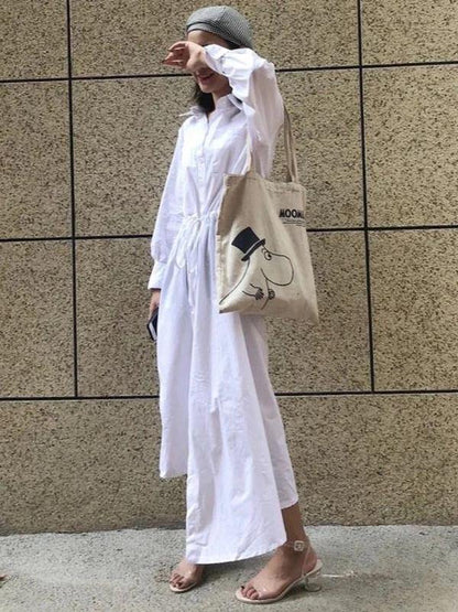 Modern Lapel Asymmetric Cotton Tunic Pattern White Long Shirt Dresses