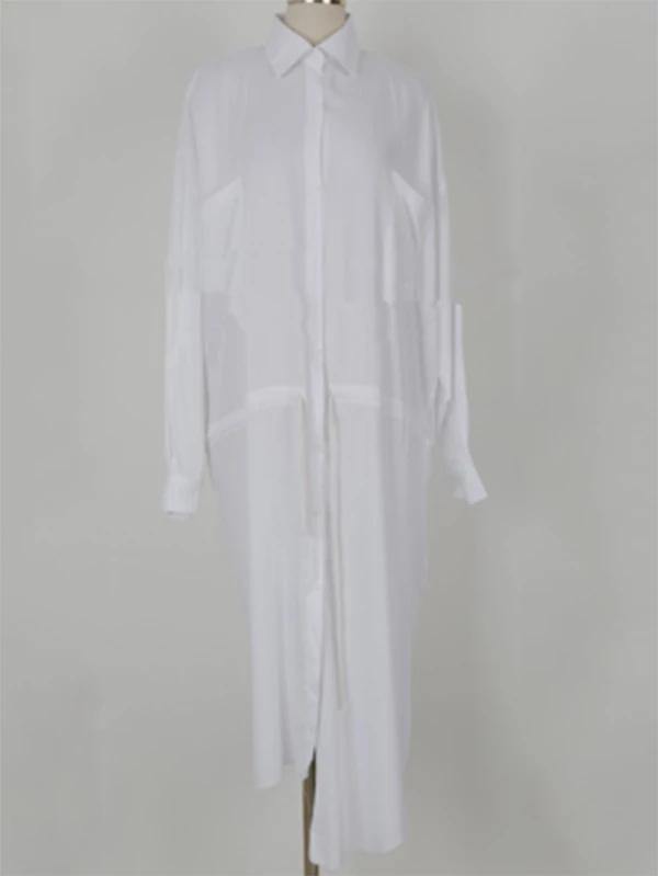 Modern Lapel Asymmetric Cotton Tunic Pattern White Long Shirt Dresses