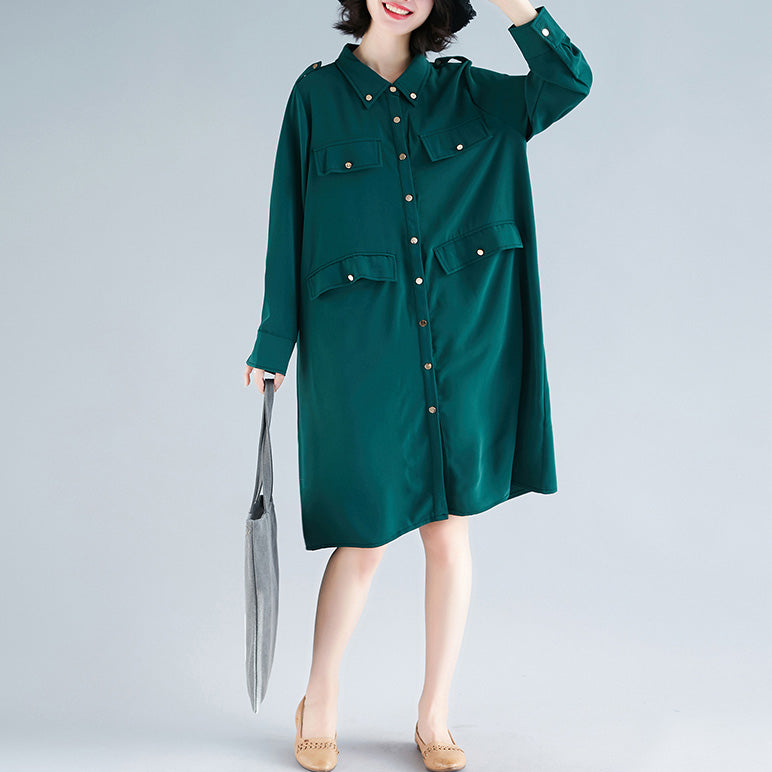 Modern Lapel Collar Cotton Tunics Fun Photography Green Midi Dress Spring