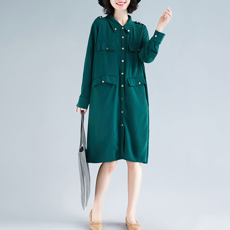 Modern Lapel Collar Cotton Tunics Fun Photography Green Midi Dress Spring