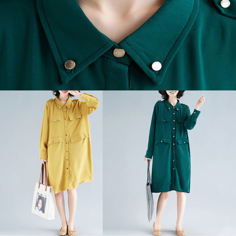 Modern Lapel Collar Cotton Tunics Fun Photography Green Midi Dress Spring