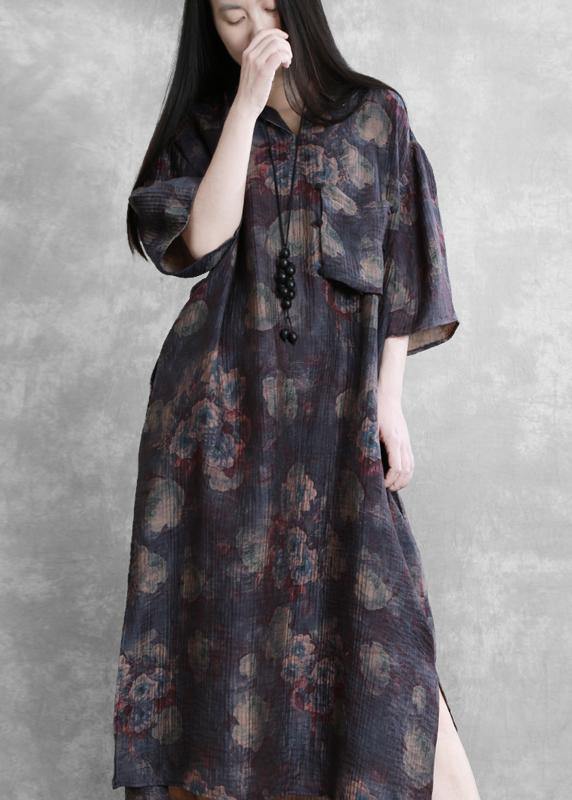Modern Lapel Half Sleeve Summer Tunic Sleeve Purple Print Traveling Dresses