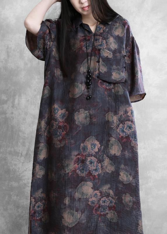 Modern Lapel Half Sleeve Summer Tunic Sleeve Purple Print Traveling Dresses