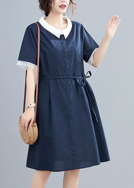 Modern Lapel Tie Waist Summer Clothes for Neckline Navy Dresses