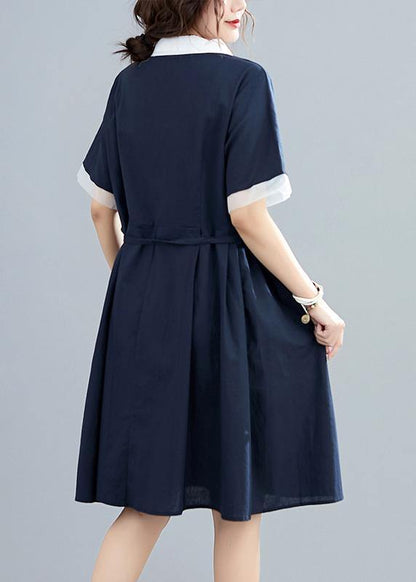 Modern Lapel Tie Waist Summer Clothes for Neckline Navy Dresses