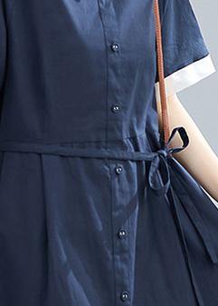 Modern Lapel Tie Waist Summer Clothes for Neckline Navy Dresses