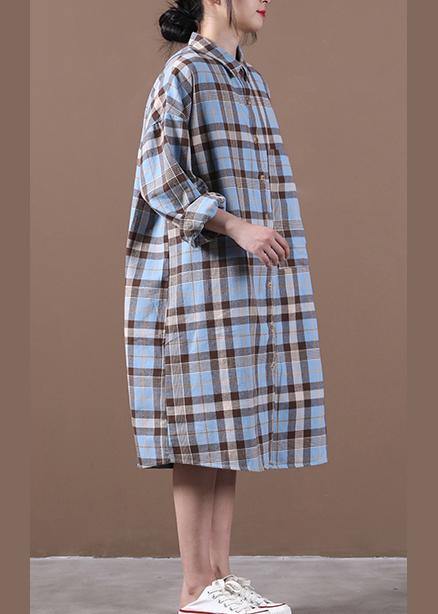 Modern Lapel Cinched Spring Long Shirts Work Outfits Blue Plaid Dresses