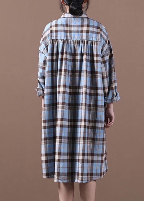 Modern Lapel Cinched Spring Long Shirts Work Outfits Blue Plaid Dresses