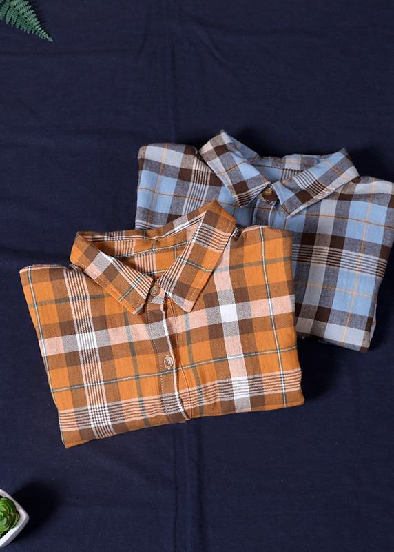 Modern Lapel Cinched Spring Long Shirts Work Outfits Blue Plaid Dresses
