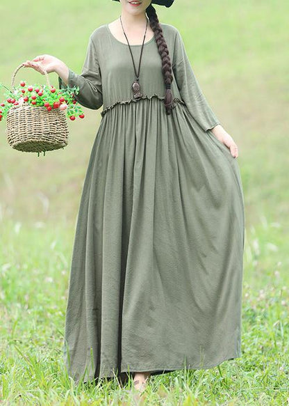 Modern Light Green Cotton Linen Dresses Fabrics O Neck Maxi Dresses