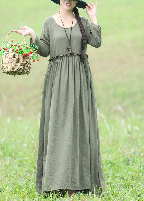 Modern Light Green Cotton Linen Dresses Fabrics O Neck Maxi Dresses