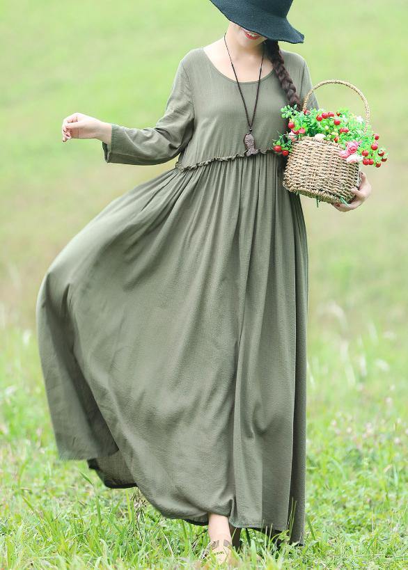 Modern Light Green Cotton Linen Dresses Fabrics O Neck Maxi Dresses