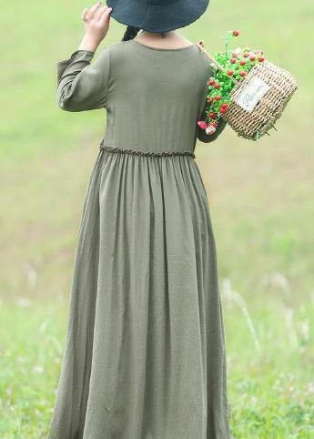 Modern Light Green Cotton Linen Dresses Fabrics O Neck Maxi Dresses