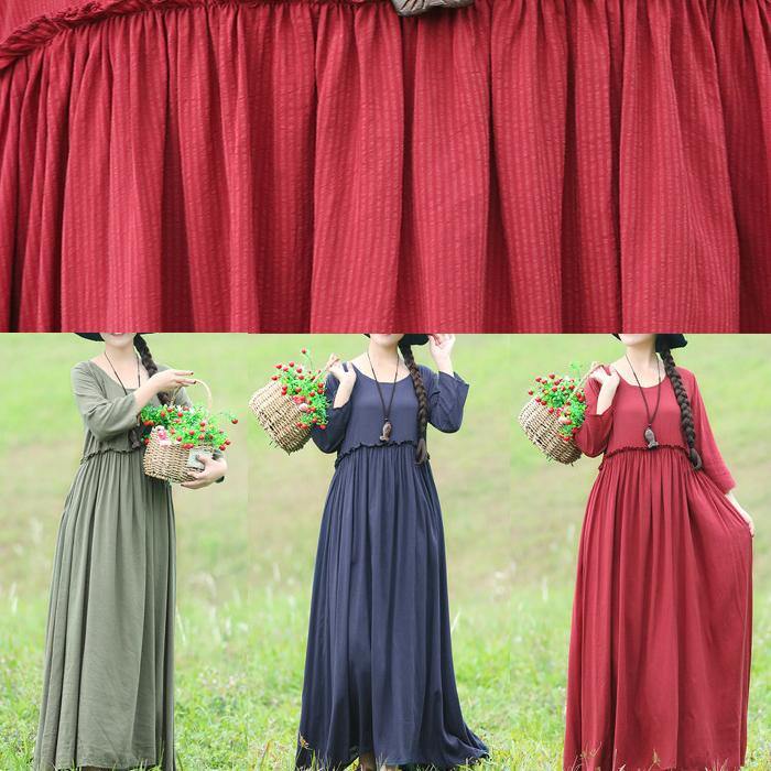 Modern Light Green Cotton Linen Dresses Fabrics O Neck Maxi Dresses