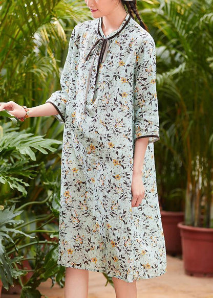 Modern Light Green Linen Robes Stand Collar Pockets Daily Summer Dresses