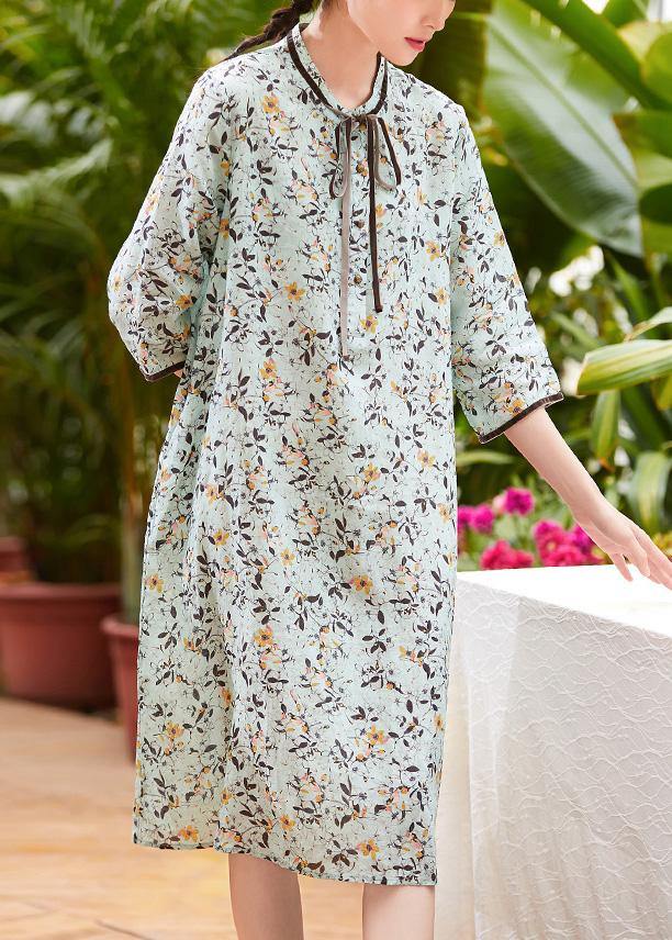 Modern Light Green Linen Robes Stand Collar Pockets Daily Summer Dresses