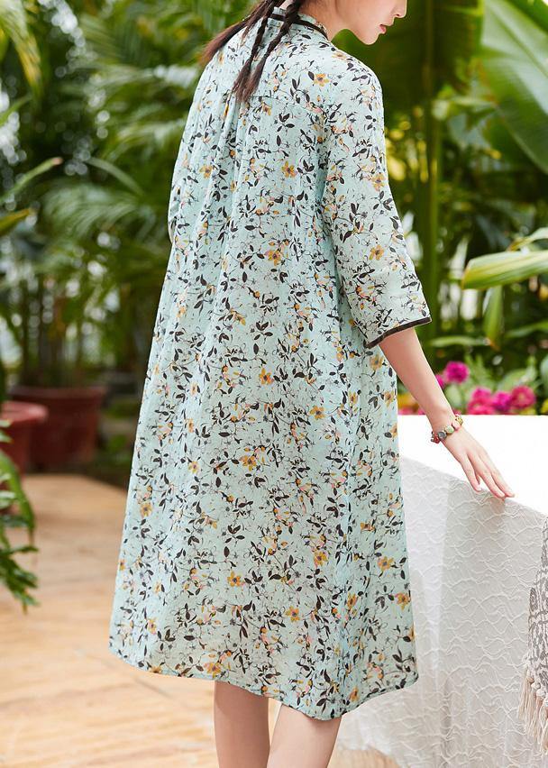 Modern Light Green Linen Robes Stand Collar Pockets Daily Summer Dresses