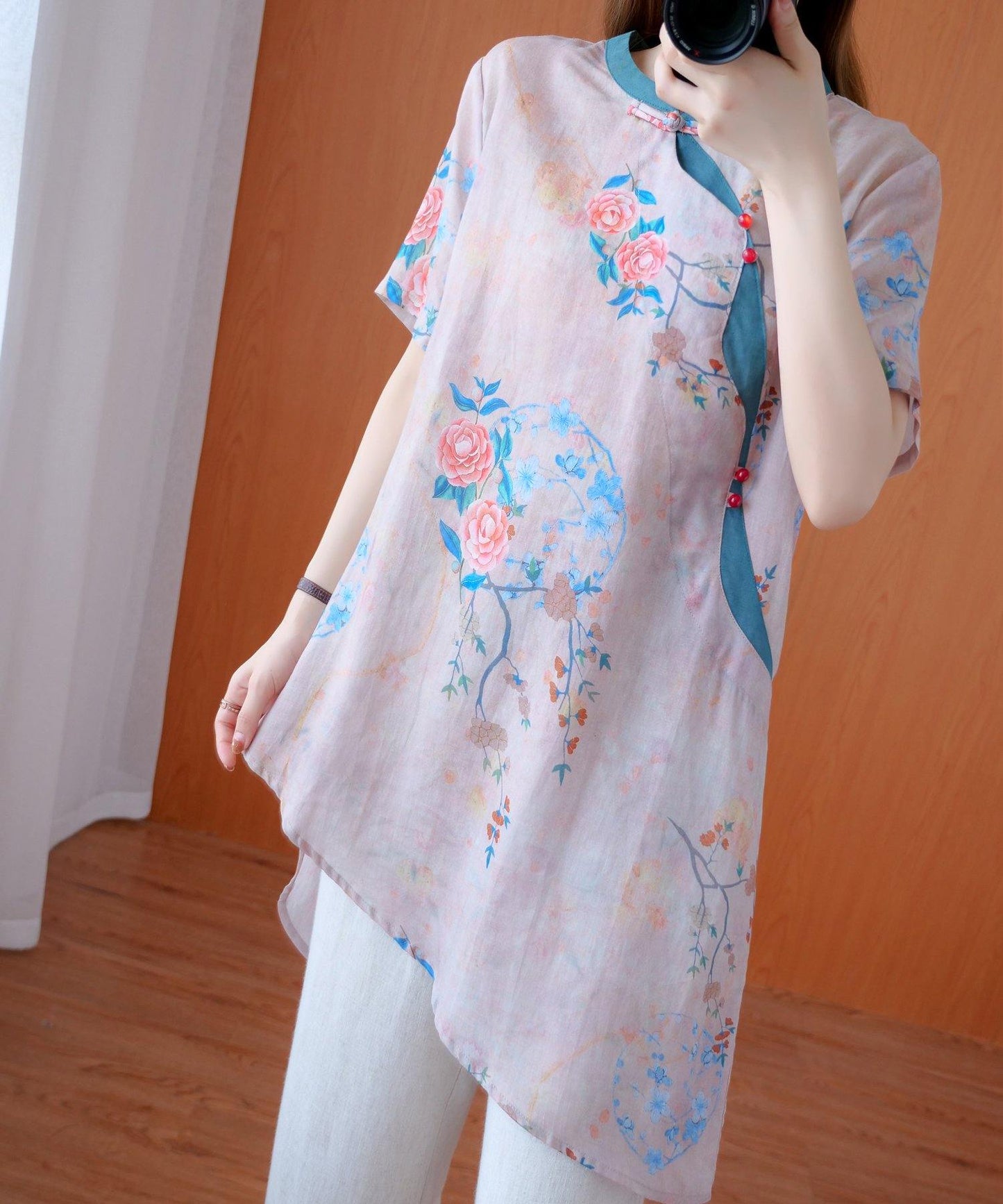 Modern Light Pink Print Top Stand Collar Asymmetric Art Tops