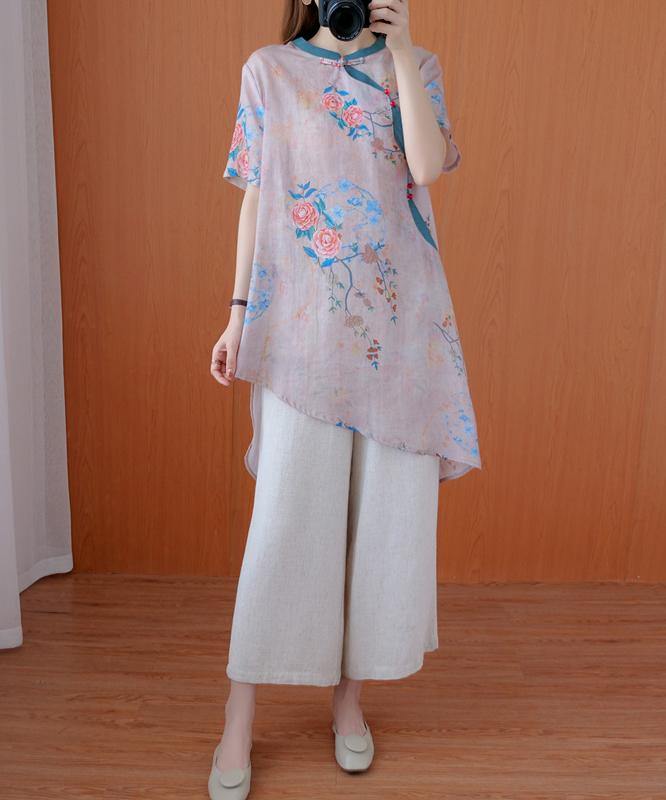 Modern Light Pink Print Top Stand Collar Asymmetric Art Tops