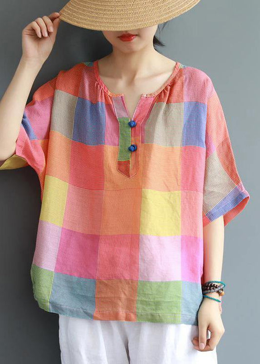Modern Linen Blouse Sweet Colored Plaid Linen T-shirt