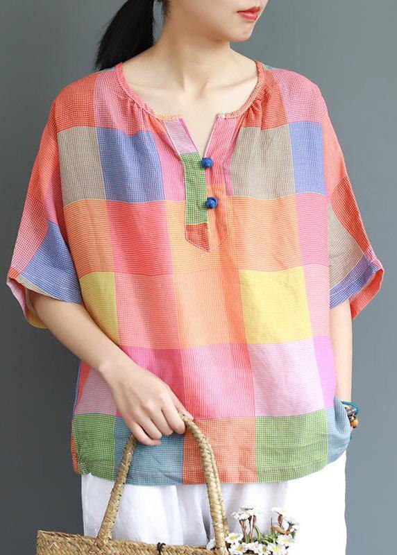 Modern Linen Blouse Sweet Colored Plaid Linen T-shirt