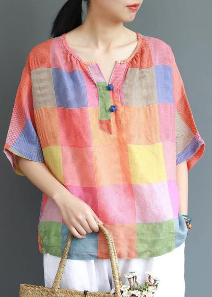 Modern Linen Blouse Sweet Colored Plaid Linen T-shirt
