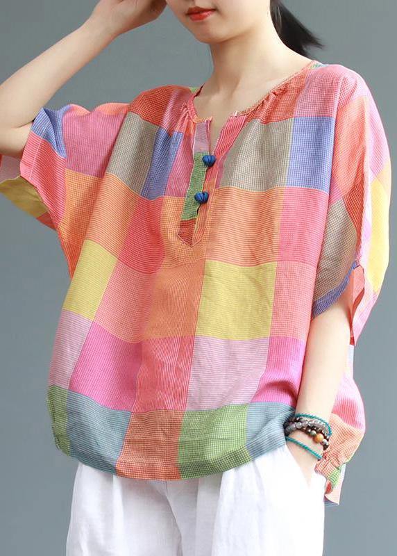 Modern Linen Blouse Sweet Colored Plaid Linen T-shirt