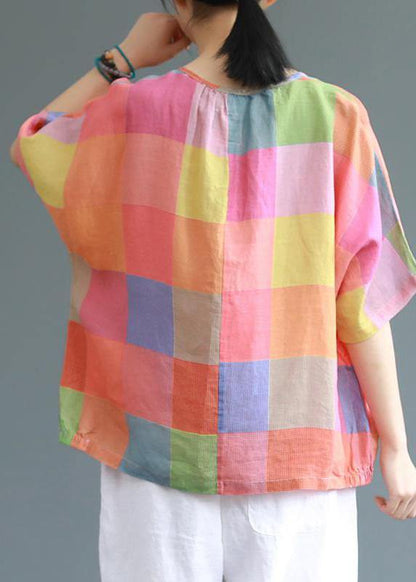 Modern Linen Blouse Sweet Colored Plaid Linen T-shirt