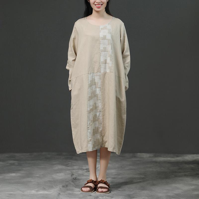Modern Linen Cotton Robes Long Sleeve Loose Beige Autumn Dress