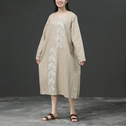 Modern Linen Cotton Robes Long Sleeve Loose Beige Autumn Dress