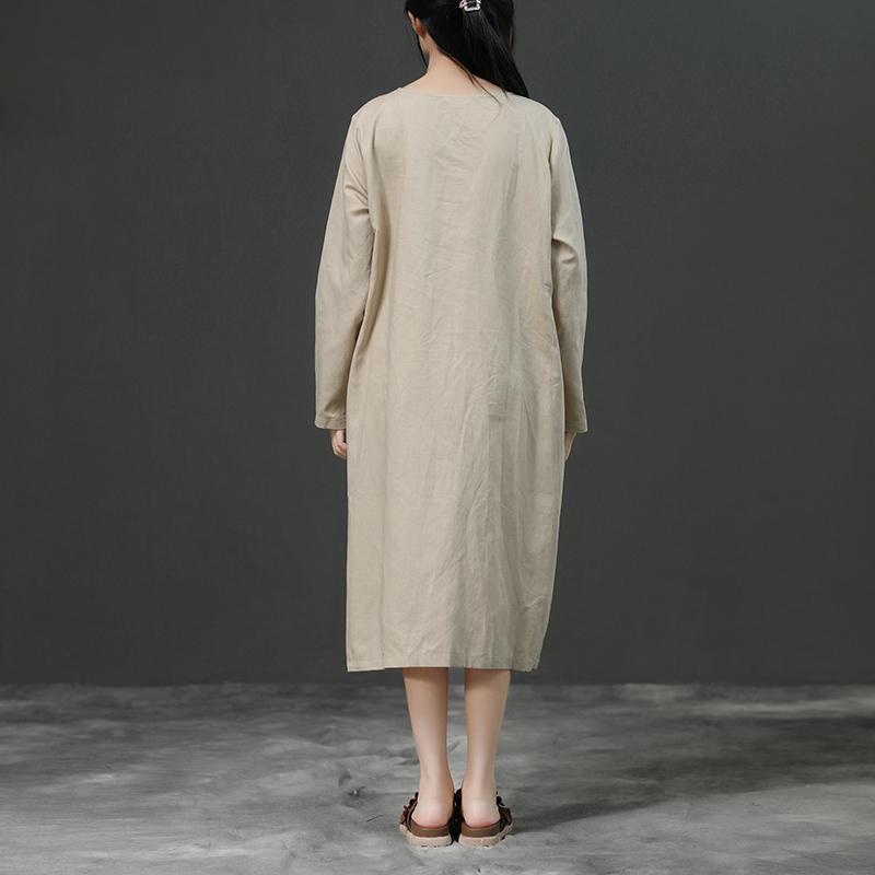 Modern Linen Cotton Robes Long Sleeve Loose Beige Autumn Dress