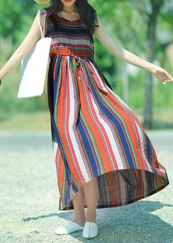 Modern Multicolor Striped Linen Dress O Neck Drawstring a Line Summer Dresses
